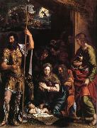 Giulio Romano La nativite de l'enfant jesus avec l'adoration des bergers entre Saint Jean l'Evangeliste et Saint Longin oil painting